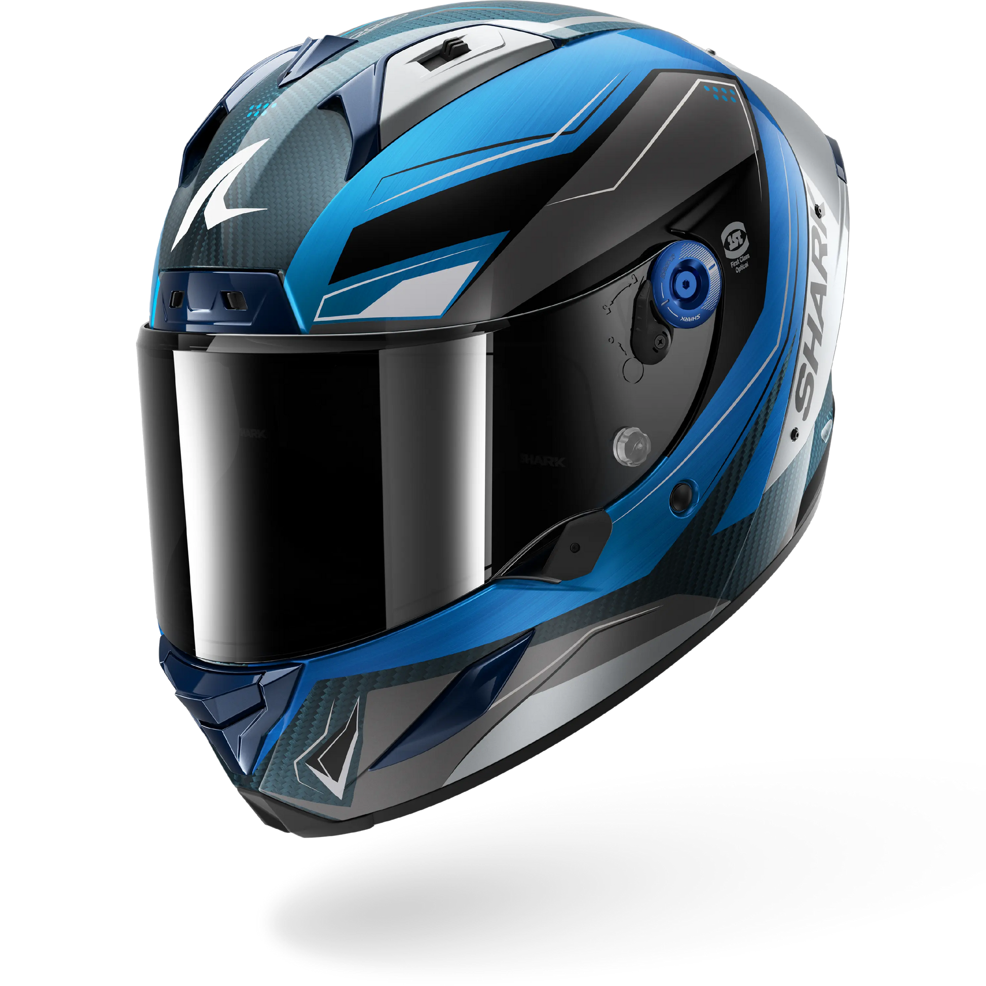 blue and silver motorcycle helmet AERON MEKARIUM Carbon Blue Silver – Shark Helmets